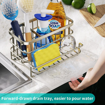 HapiRm Kitchen Sink Organizer, SUS304 Stainless Steel Rustproof Multifunctional Large Sink Caddy with Sponge Holder and Drain Tray for Kitchen Countertop (Silver)