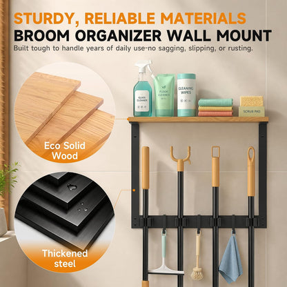 Broom Holder Wall Mount, Broom and Mop Organizer Wall Hanging with Solid Wood Frame,Organizer Rack Built with 4 Grippers & 3 Hooks; Broom Hanger Wall Mount for Laundry Room, Garages and Storage Room