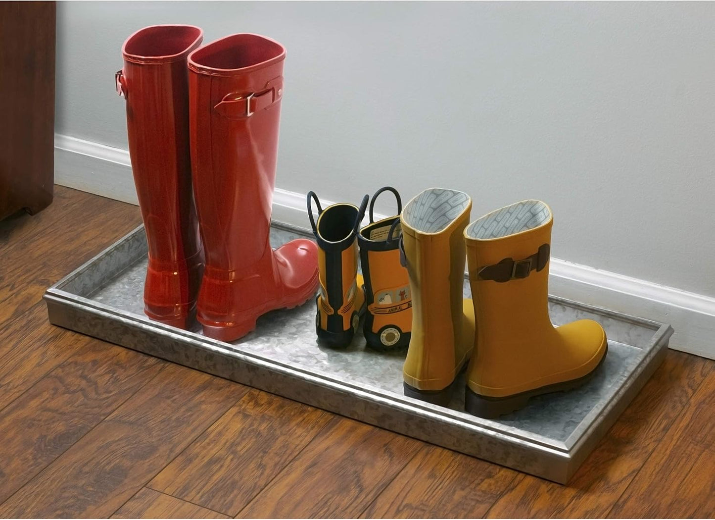Good Directions Medium Boot Tray, Double Circles Multi-Purpose All Weather Decorative Tray, Shoes, Plants, Pet Bowls, 30x13x2 Inch, Dark Zinc Gray Steel