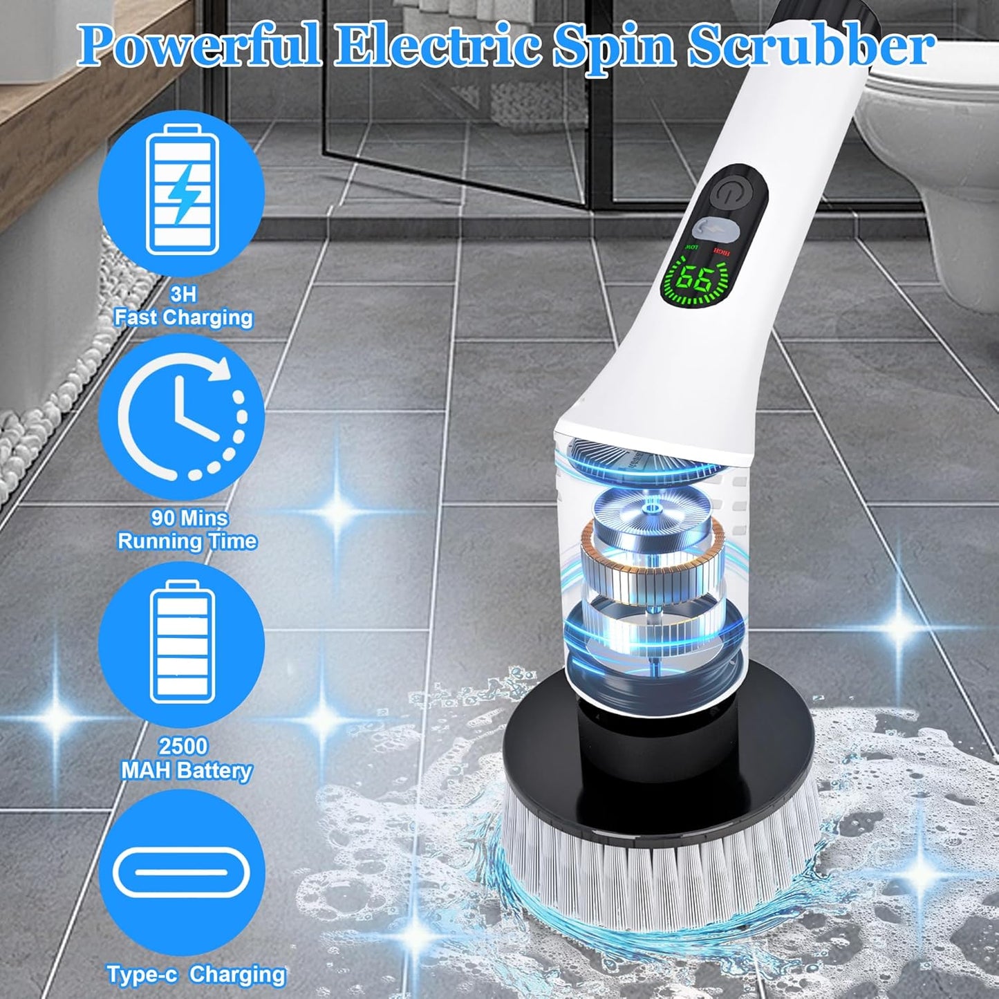 Electric Spin Scrubber,Cleaning Scrubber Brush Electric for Home with Power LCD Display,Cordless Bathroom Scrubber for Bathroom Tile Glass Cleaning,Adjusted Head Angle with 7 Replaceable Heads