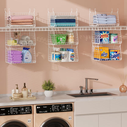 4-Tier Hanging Laundry Room Organizer: Foldable Wire Shelf Basket with 2 Large Hooks 1.65" & 360°Rotating Hooks – Space-Saving Laundry Storage Basket, for Wardrobe Closet Storage, White Patent