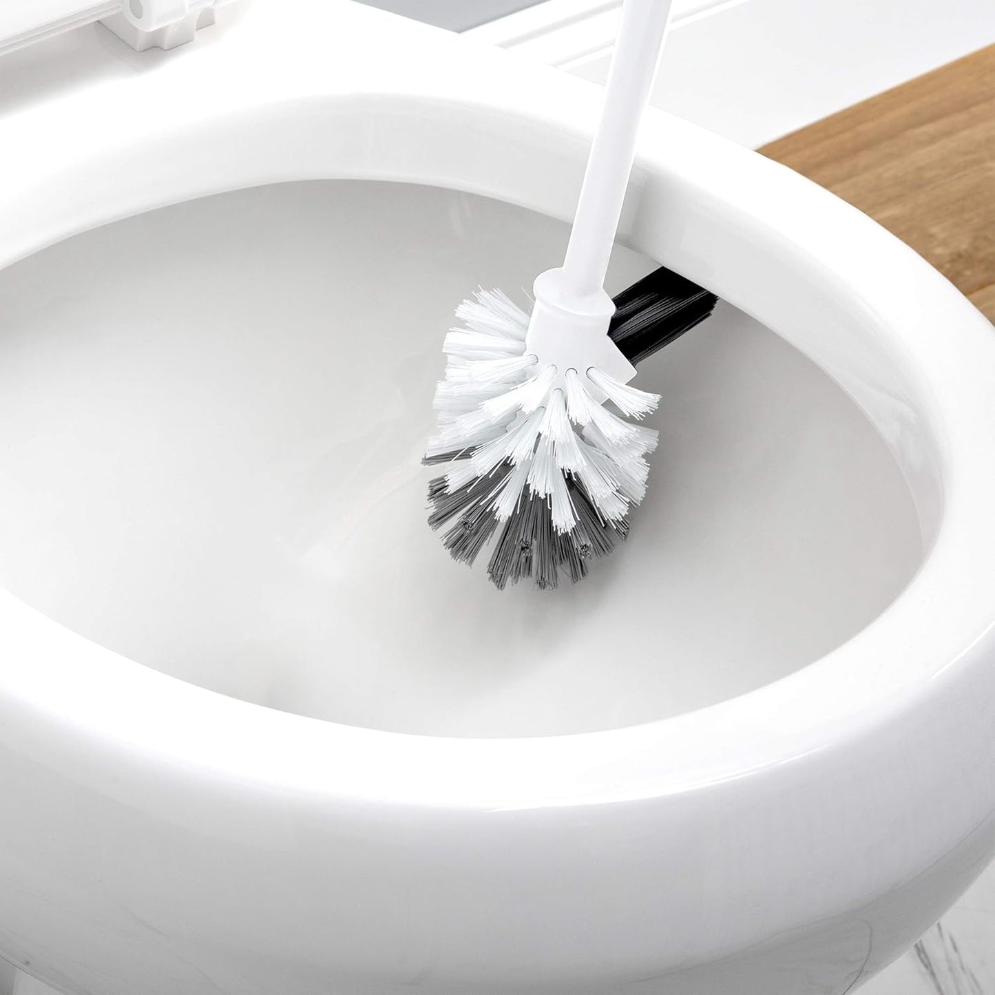Bath Bliss Self Closing Lid Toilet Brush with Rim Scrubber | Dimensions: 5. 9" x 5. 3" x 15. 4" | Self Closing | 360 Degree Bristle | Bathroom Cleaning | Separate Rim Scrubber | White