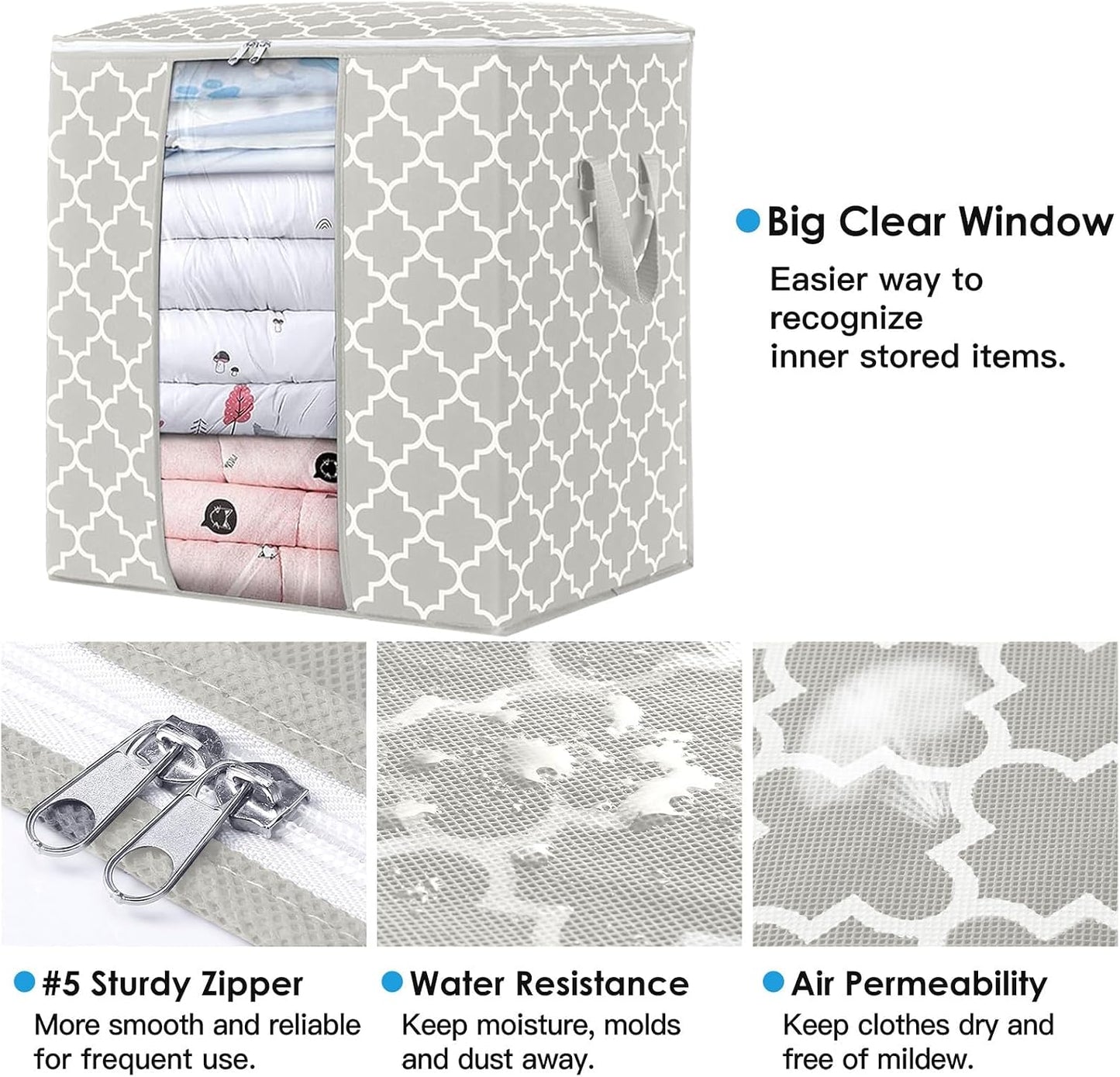 WISELIFE Storage Bags 3 Pack/100L Large Blanket Clothes Organization and Storage Containers for Comforters,Bedding, Foldable Organizer with Reinforced Handle, Clear Window, Sturdy Zippers,Gray