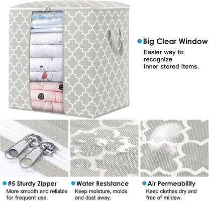WISELIFE Storage Bags 3 Pack/100L Large Blanket Clothes Organization and Storage Containers for Comforters,Bedding, Foldable Organizer with Reinforced Handle, Clear Window, Sturdy Zippers,Gray