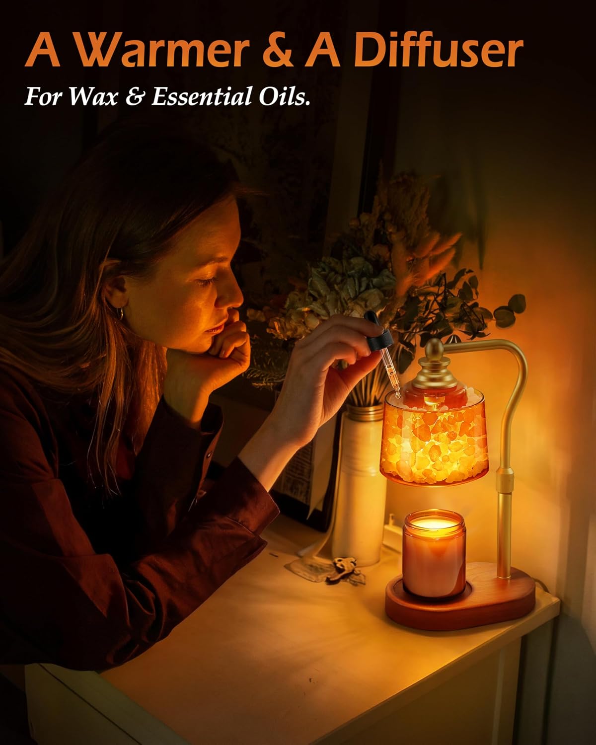 3-in-1 Candle Warmer Lamp with Timer Dimmable, Himalayan Salt Lamp & Passive Diffuser, Gifts for Women, House Warming Gifts, Wax Melt Warmer for Jar Candles (2 Bulbs)