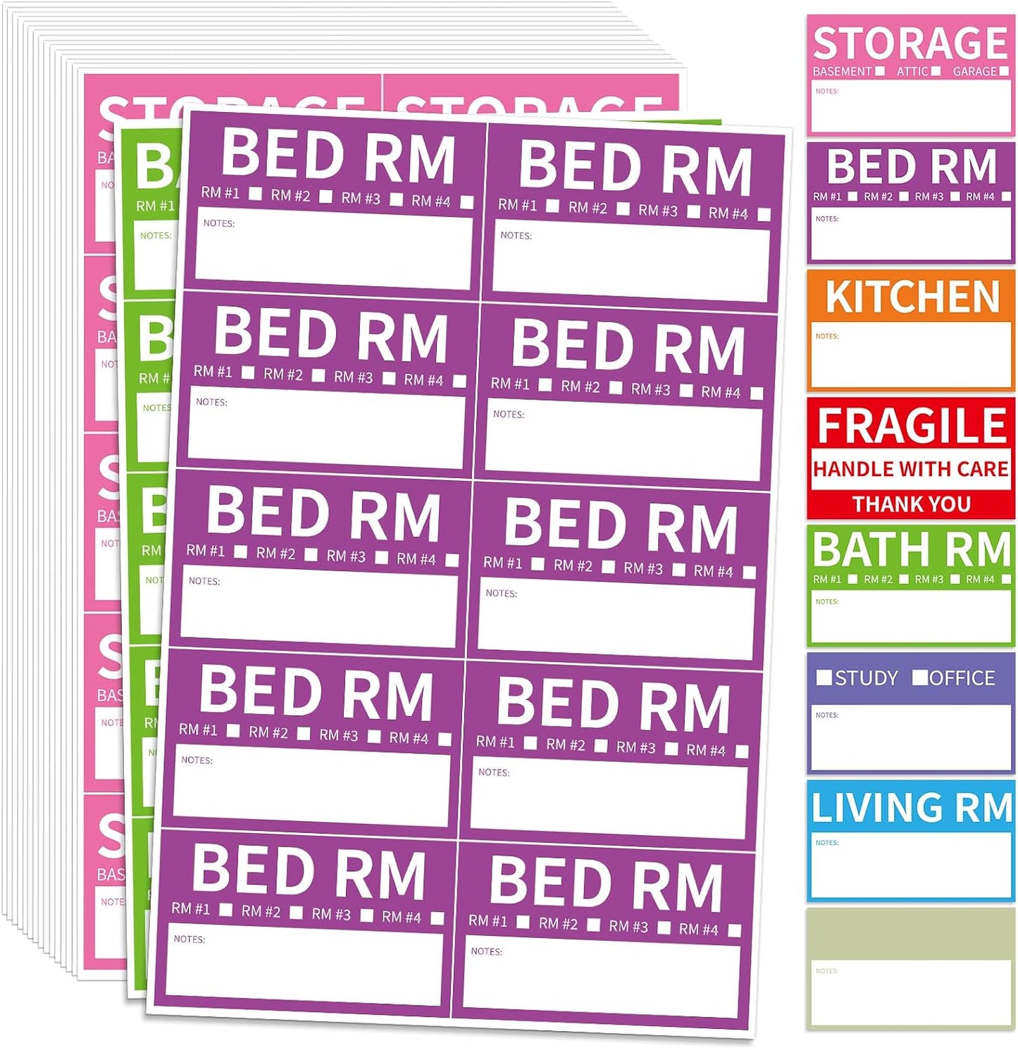 170 Home Moving Labels, 3.4 x 2 inches, 8-Color Coded Packing Box Stickers with Fragile and Blank Customizable Labels