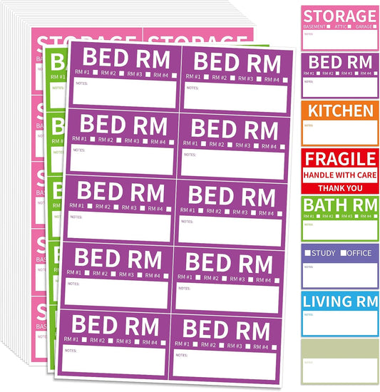170 Home Moving Labels, 3.4 x 2 inches, 8-Color Coded Packing Box Stickers with Fragile and Blank Customizable Labels