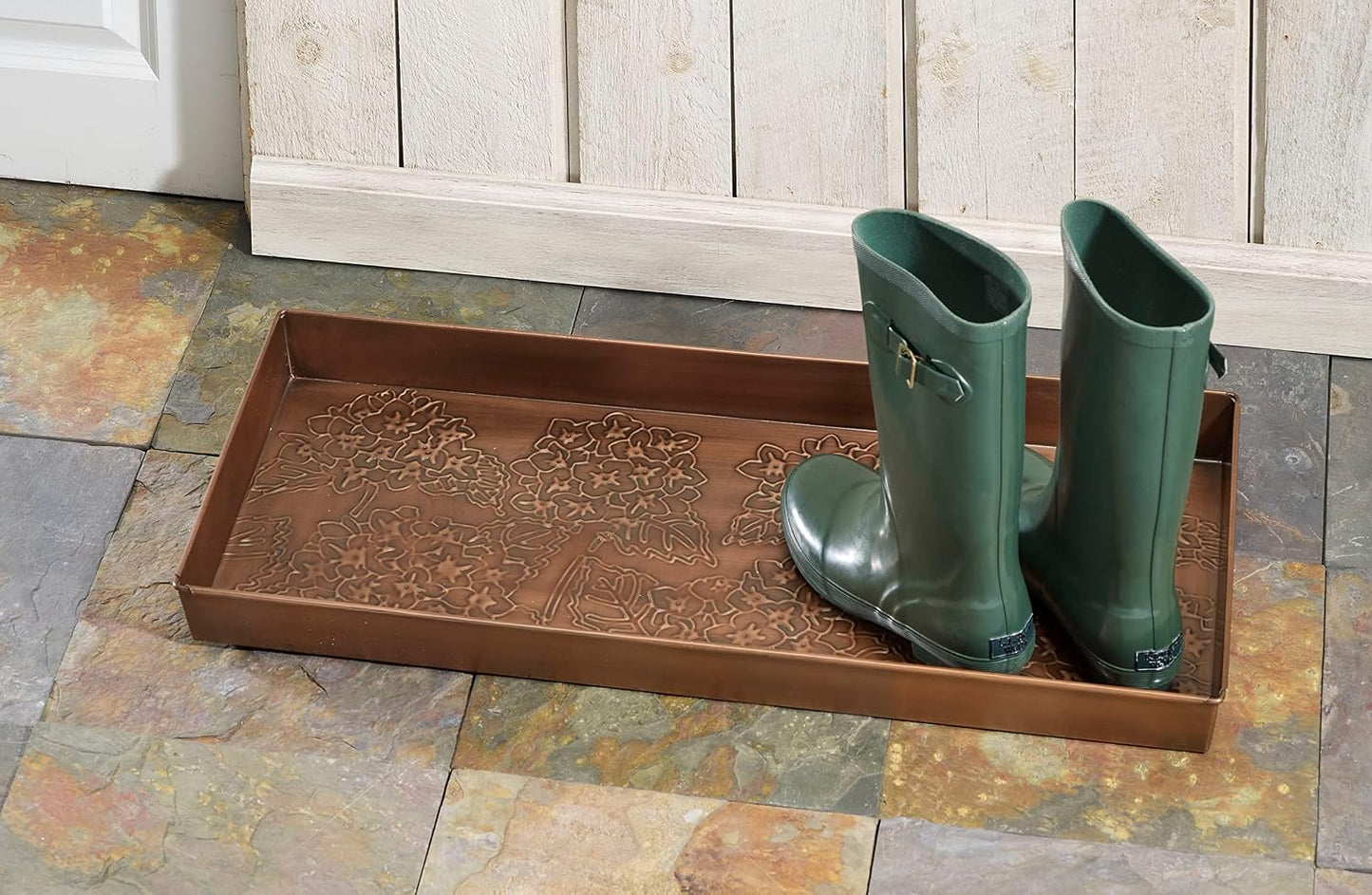 HF by LT Birch Forest Pattern Metal Boot Storage Tray, 30 x 13 inches, Antique Copper Finish