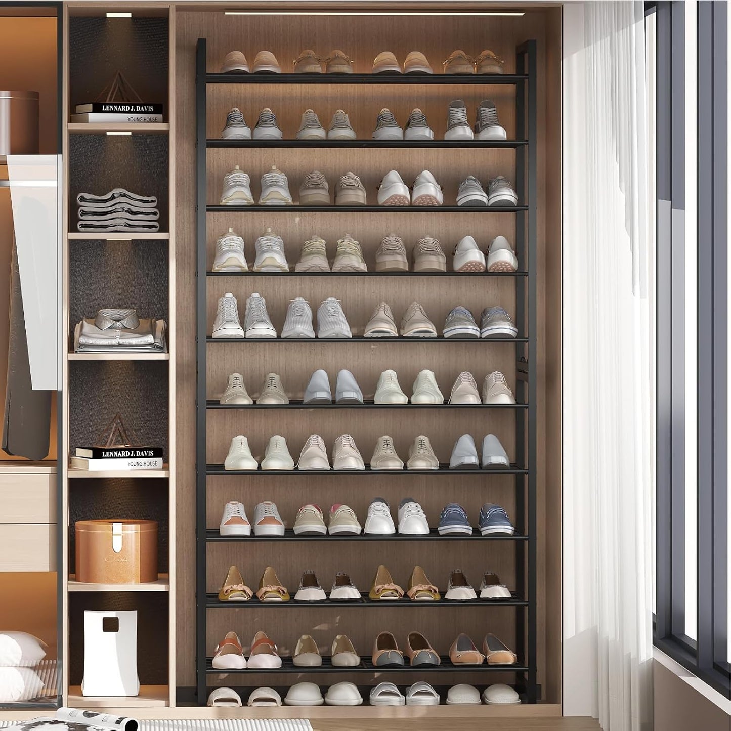 Stackable Shoe Rack, 6 Tier Metal Shoes Rack Storage Organizer,Large Capacity Shoe Shelf Max Holds 30 Pairs of Shoes,Sturdy and Stable, for Closet, Entryway,Garage，Black