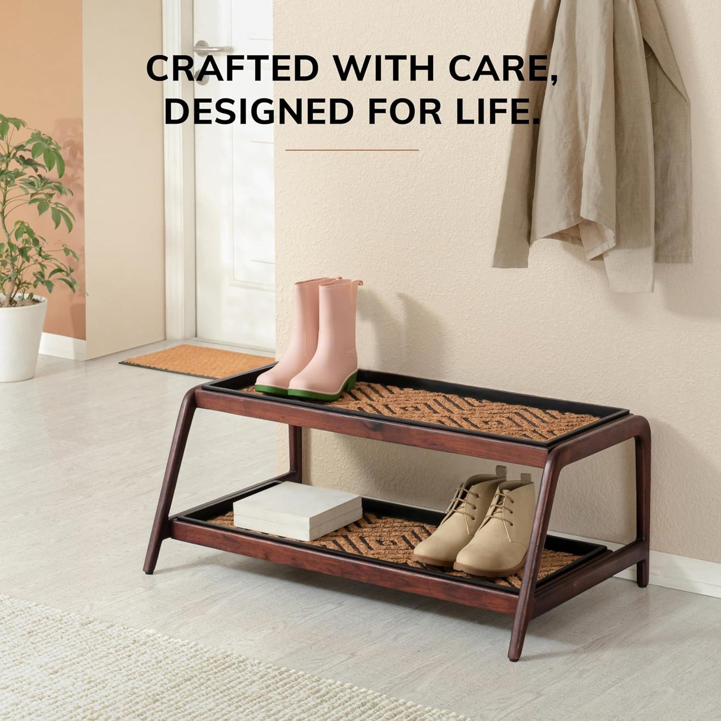 Anji Mountain Heavy Duty Waterproof Wooden Shoe Storage Mat Organizer/Boot Storage Tray Multi Use for Entryway with Coir, Gray and Ivory Insert, 1 Tier, Fits 2 Pair (26.5" Wide)