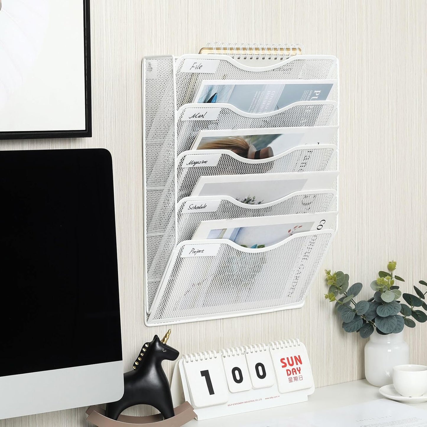 EasyPAG 5 Pocket Mesh Wall File Organizer with Key Hooks, Hanging Paper Folder Holder with Classify Label, Vertical Wall Mount Mail Organizer for Office Home Classroom, Black