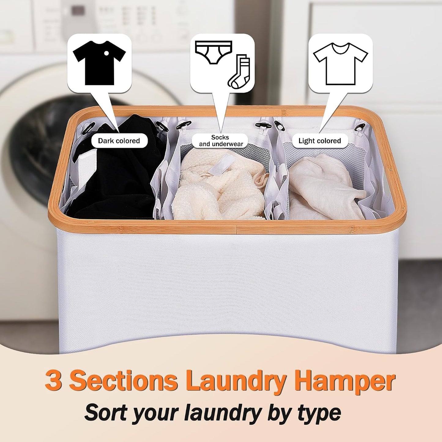 efluky Laundry Hamper with Lid, Trio Laundry Basket with 2 Removable Bags, 3 Section Laundry Bin with Bamboo Handles for Bathroom, Bedroom & Laundry Room, 160L (42.3 Gallon) Beige
