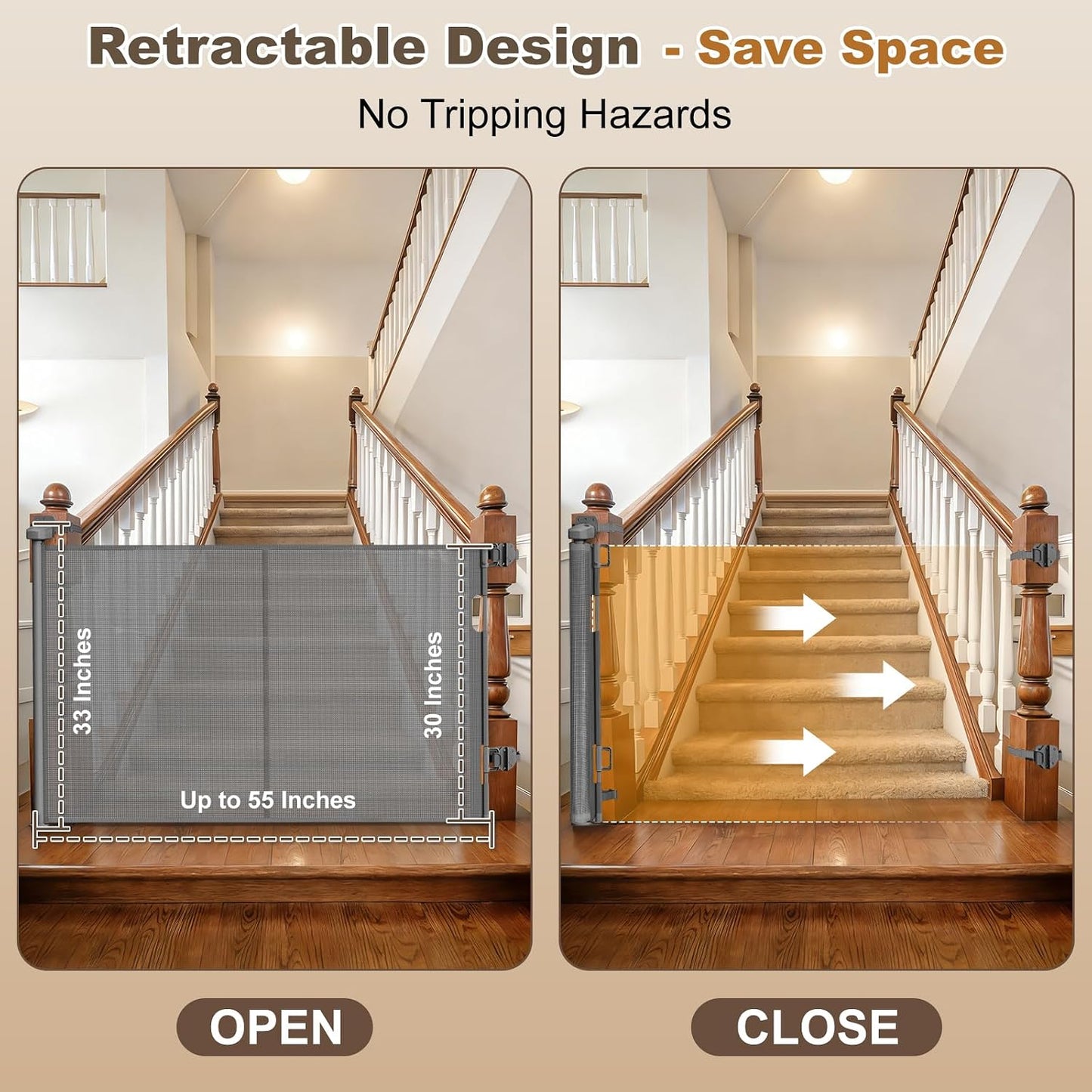 Upgraded Retractable Baby Gates for Stairs & Banister, Mesh Dog Gate Indoor, Extends to 55" Wide 33" Tall, Child Safety Gate for Stairway, Banister & Wall Mount (White)