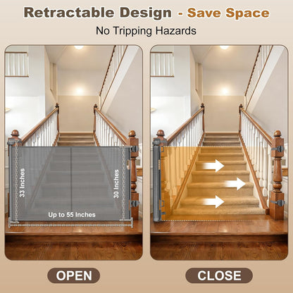 Upgraded Retractable Baby Gates for Stairs & Banister, Mesh Dog Gate Indoor, Extends to 55" Wide 33" Tall, Child Safety Gate for Stairway, Banister & Wall Mount (White)