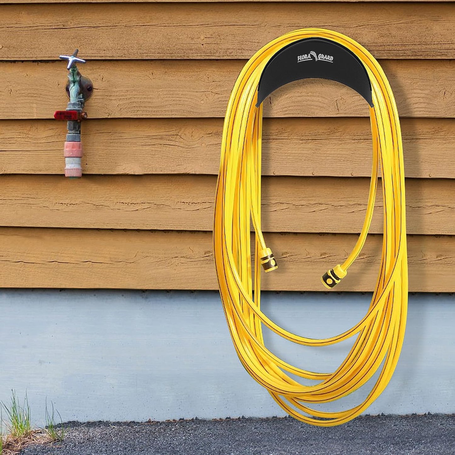 FLORA GUARD Garden Hose Holder, Heavy-Duty Hose Hanger, Holds Up to 125 ft, Garden Rack Wall Mount for Outside, Rust and Slip Resistant, Gray