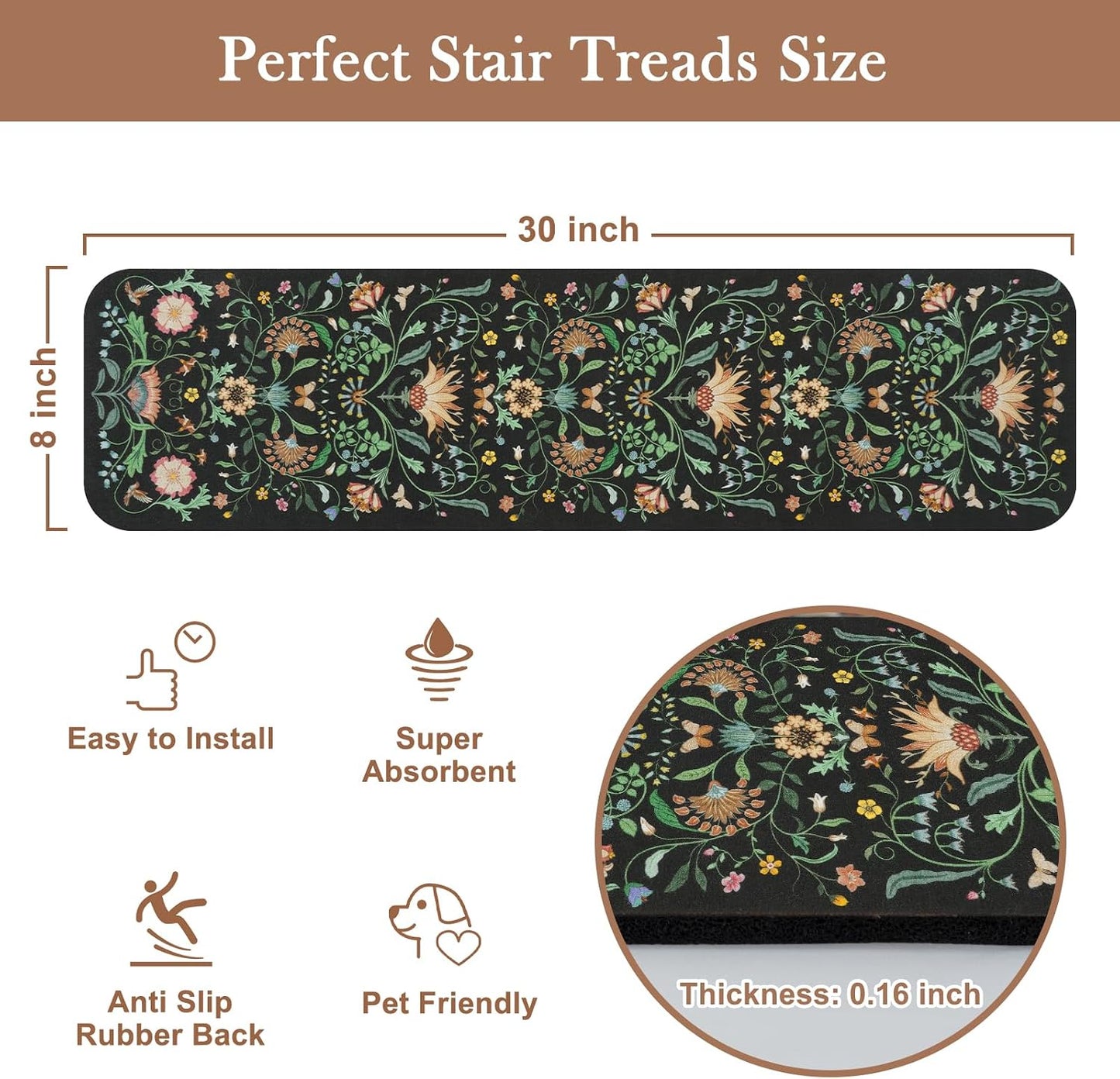 OJIA Floral Stair Treads Non-Slip Carpet Stair Treads for Wooden Steps Indoor 15PCS 30"x8" Stair Runner Stair Mats Staircase Step Treads for Kids, Elders and Dogs, Stair Covers, Black