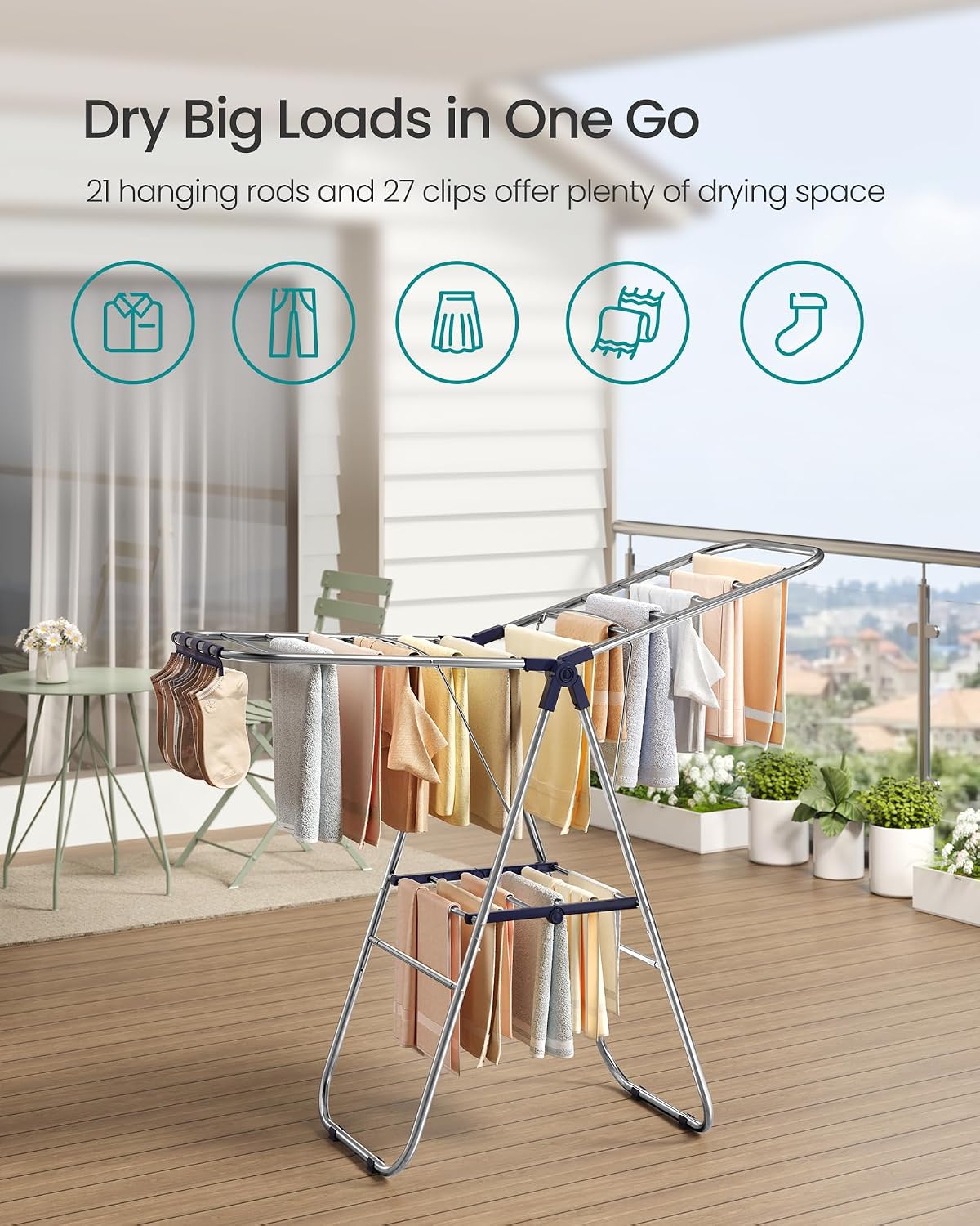 SONGMICS Clothes Drying Rack, Foldable Laundry Drying Rack, Blue | Sock Clips, Metal Clothes Airer with Height-Adjustable Gullwings, Space-Saving, Indoor Outdoor, ULLR505EQ01