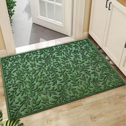 Bulijojo Sturdy Front Entrance Doormats,Durable Heavy Duty Welcome Mat,Thick Absorbent Natural Rubber Non Slip Mat,Easy Clean Entryway Mat 17x30 Inch Leaves Green
