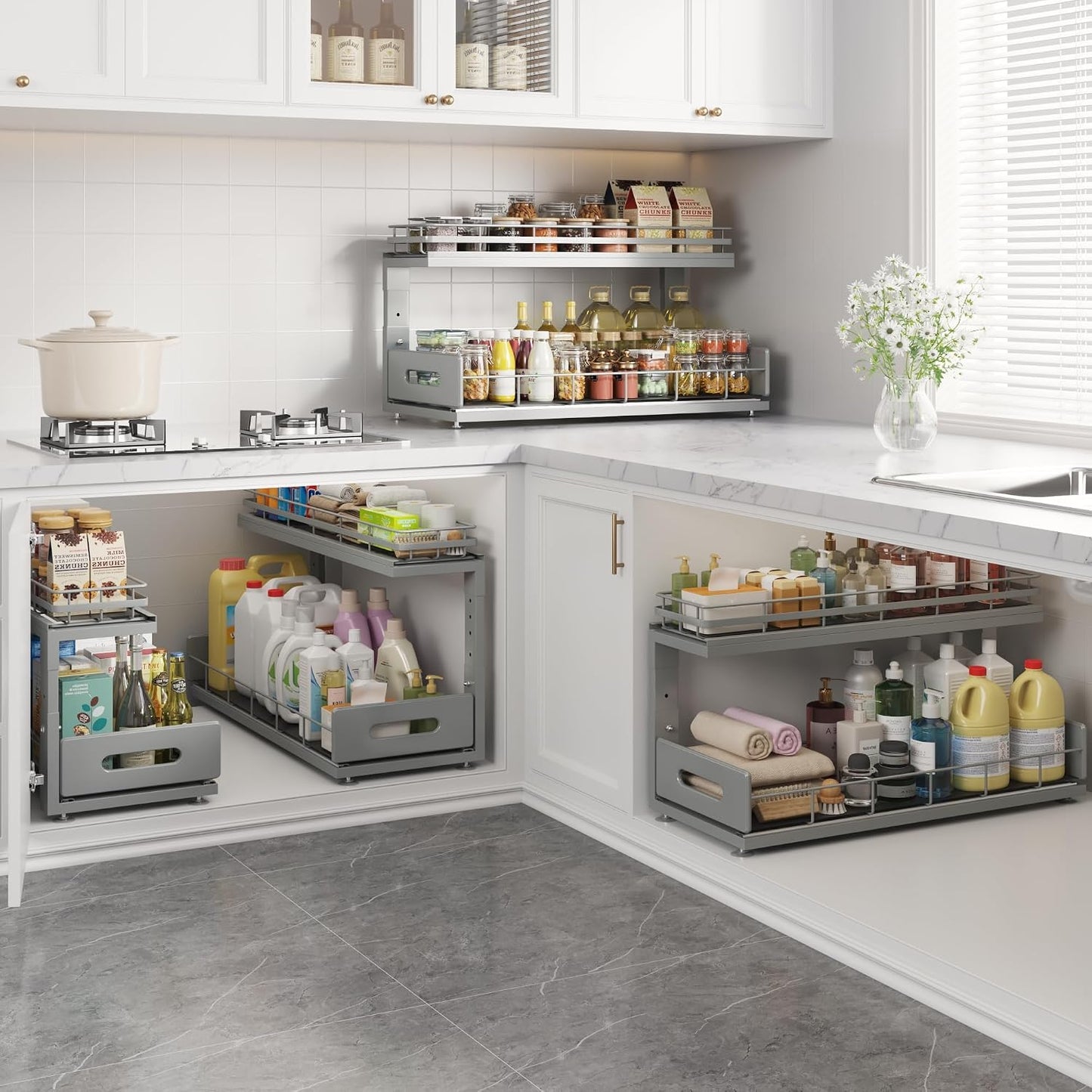 Under Sink Organizer Upgrade To Professional Rails,2-Tier Dual Pull Out Cabinet Storage,Height Adjustable Slide Out Drawers For Bathroom Kitchen,2 Pack-14.5" Dx12.8-16.9" H,White