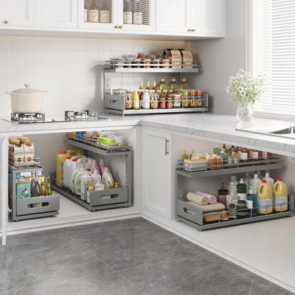 Under Sink Organizer Upgrade To Professional Rails,2-Tier Dual Pull Out Cabinet Storage,Height Adjustable Slide Out Drawers For Bathroom Kitchen,2 Pack-14.5" Dx12.8-16.9" H,White