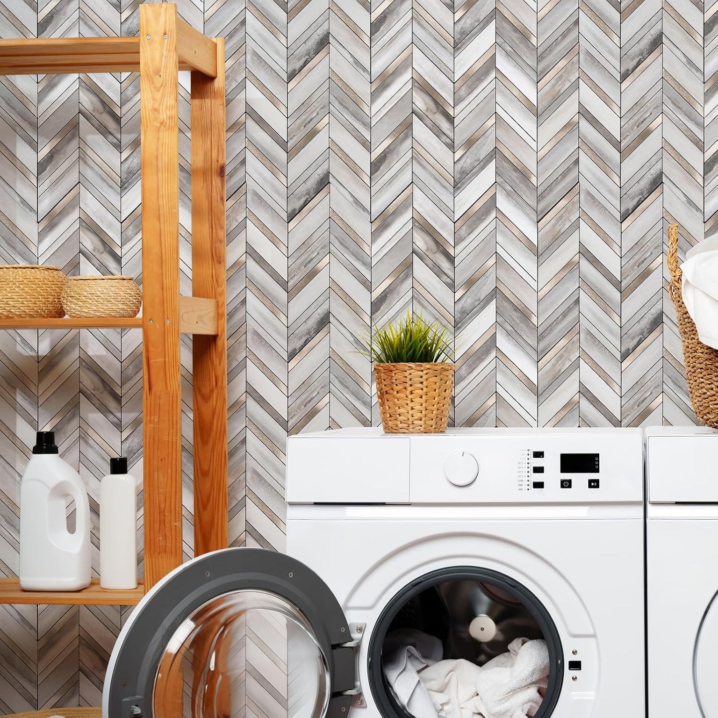 Yipscazo 10-Sheet Herringbone Backsplash Peel and Stick Tile, Polished White PVC Stick on Backsplash for Kitchen, Waterproof Self Adhesive Wall Tile for Bathroom