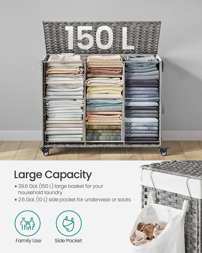 SONGMICS Laundry Hamper with Lid, 37 Gallons (140 L), Rolling Laundry Basket with Wheels, 3-Section Synthetic Rattan, Removable Liner, Bedroom, 26 x 13 x 26 Inches, Gray ULCB363G01