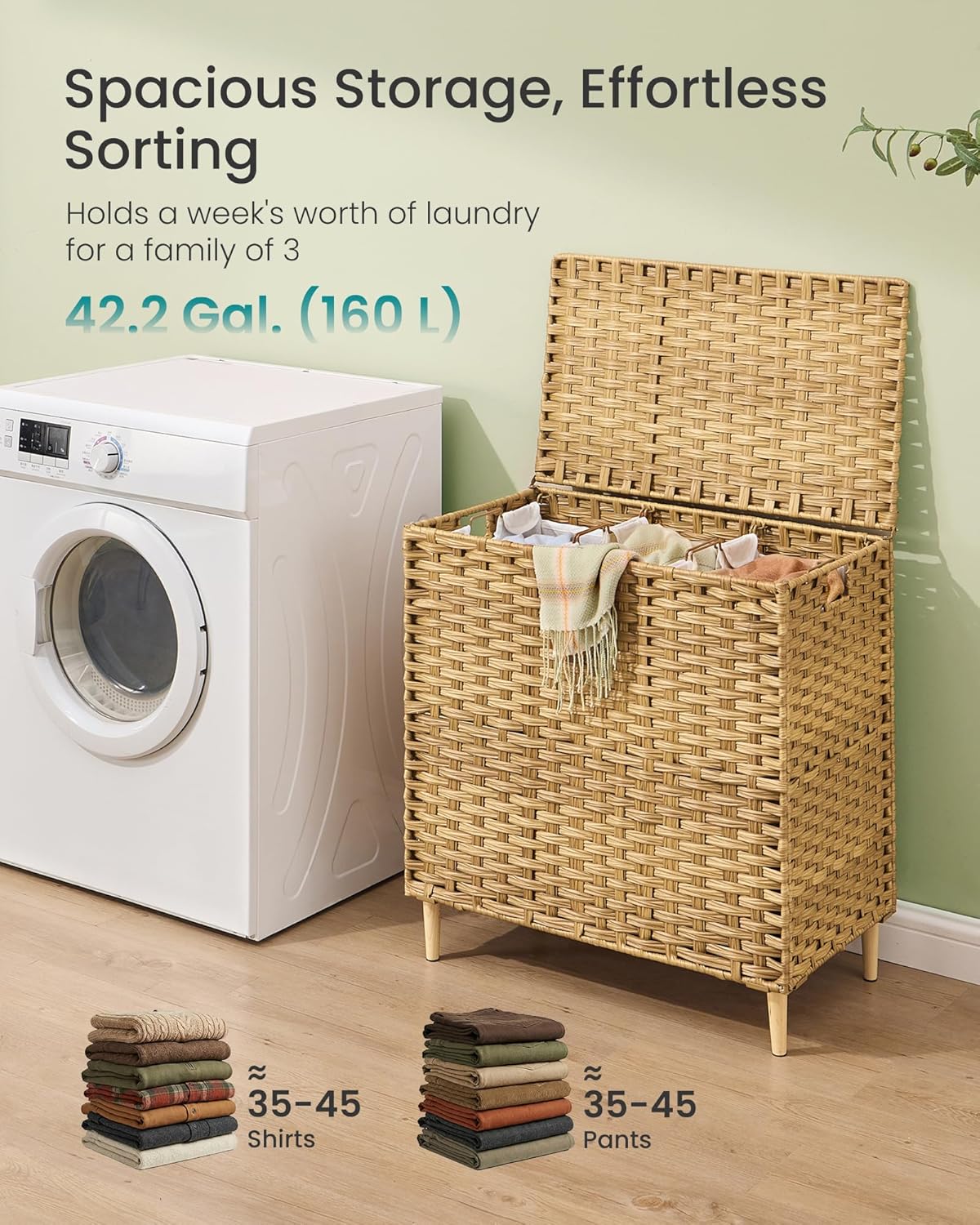 SONGMICS 3-Section Laundry Hamper with Lid, 42.2 Gal (160L) PE Rattan Laundry Basket with Removable Washable Liners, for Bedroom & Living Room, Chestnut Brown ULCB223ME01