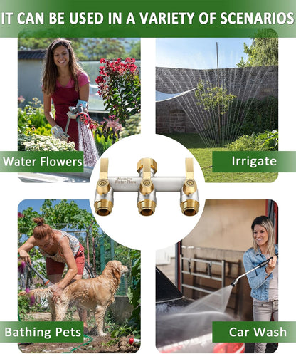 Hose Splitter 2 Way Heavy Duty, Solid Brass Full Flow Outdoor Faucet and Garden Hose Splitters, Water Spigot Splitter T Adapter, All Metal Water Connector with Shut-Off Valve, 3/4 - Inch GHT Thread