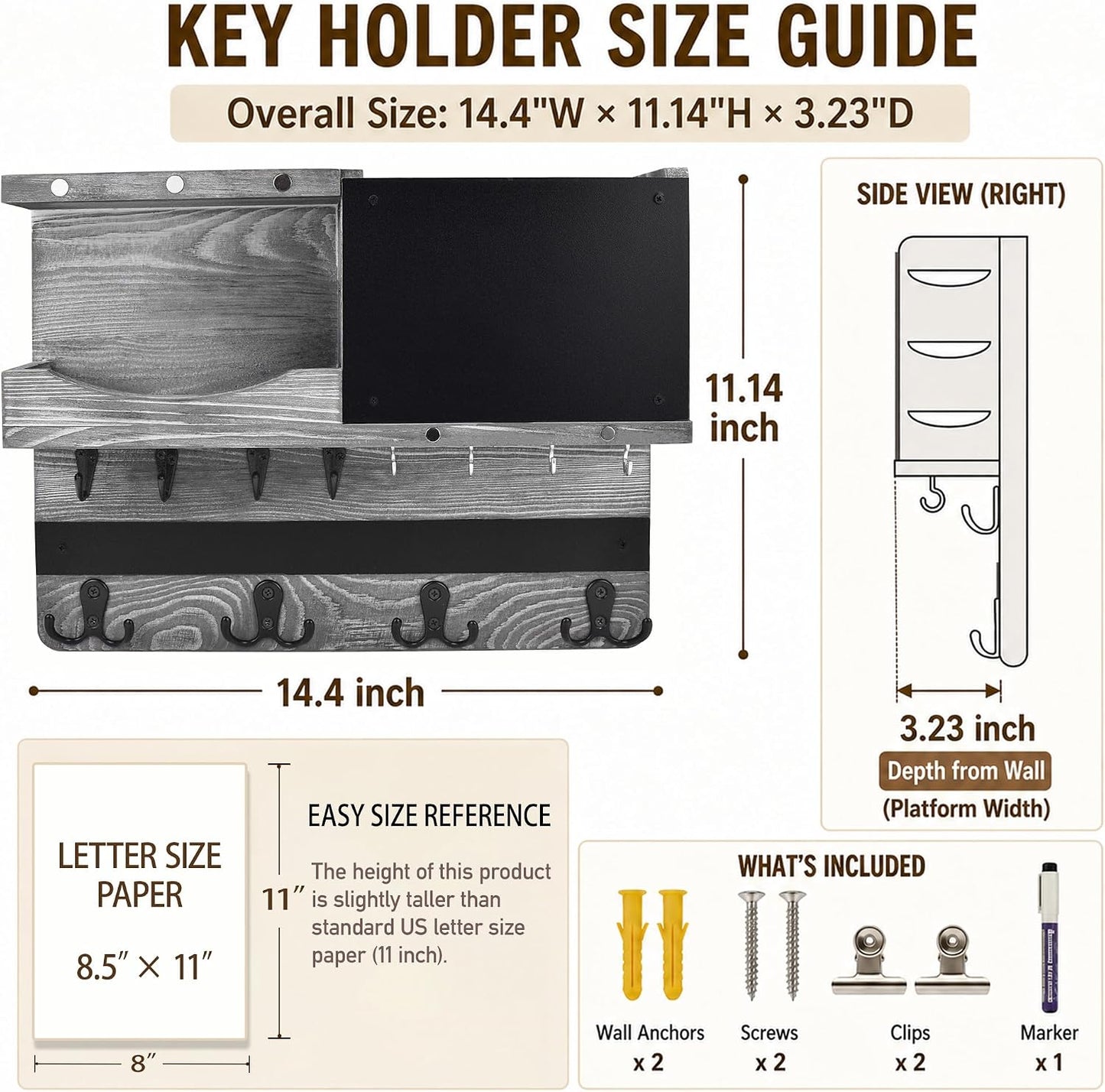 Key Holder for Wall Mount with Shelf and Mail Organizer, Key and Mail Holder with 16 Hooks, Farmhouse Entryway Organizer, Home Decor Rack (Pine Wood, Black)