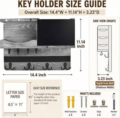 Key Holder for Wall Mount with Shelf and Mail Organizer, Key and Mail Holder with 16 Hooks, Farmhouse Entryway Organizer, Home Decor Rack (Pine Wood, Black)