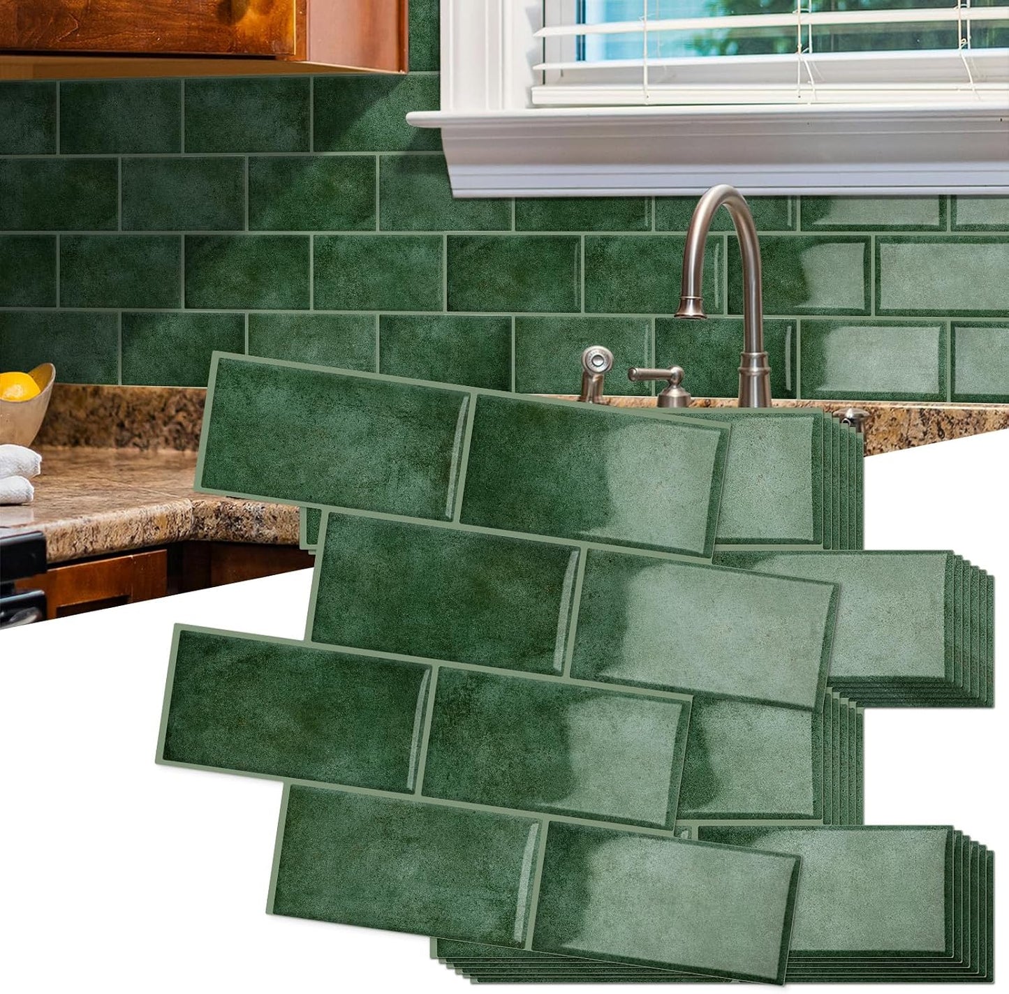10-Sheet Thick Peel and Stick Kitchen Backsplash Tiles(Green,12"×12") | 3D Subway Waterproof Self-Adhesive Wall Tile Stick on Backsplash for Kitchen and Bathroom