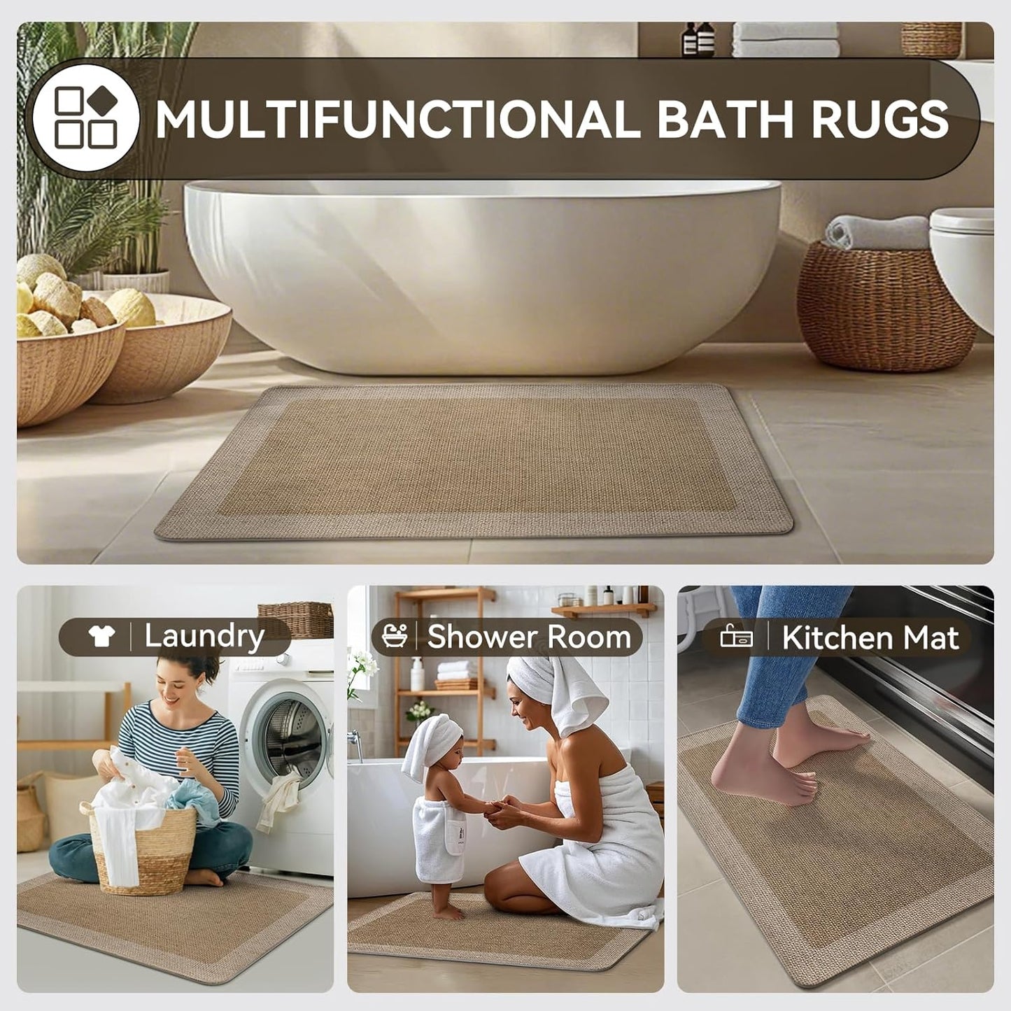 YDKGL Ultra Thin Bathroom Rugs Mat Quick Dry Absorbent Non Slip Bath Mat Bath Mats for Bathtub Mat Bathroom Carpet Fit Under Door Washable Floor Rubber Half Round Bath Rugs Grey 16x24