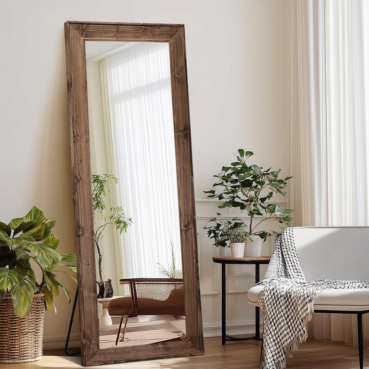 Solid Wood Full Length Mirror - 65"x22" Arched Floor Mirror, Free Standing & Wall Mounted - Elegant Design for Bedroom, Dressing Room, Hallway, Brown
