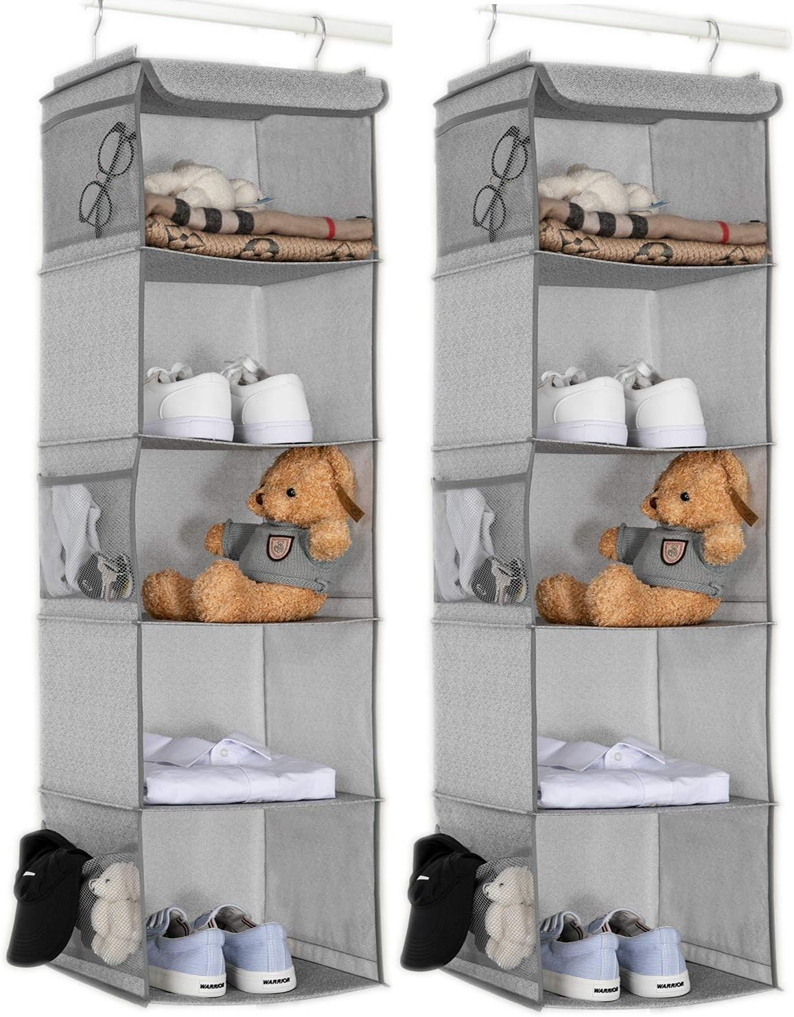BrilliantJo 2 Pack Hanging Closet Organizer, 5 Shelves Hanging Storage with 6 Side Pockets for Clothes Shoes, 43"x12"x12"(Black)
