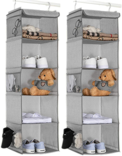 BrilliantJo 2 Pack Hanging Closet Organizer, 5 Shelves Hanging Storage with 6 Side Pockets for Clothes Shoes, 43"x12"x12"(Black)