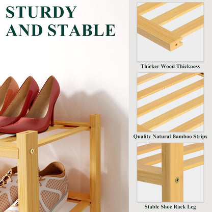 Smiry Bamboo Shoe Rack for Closet, 3 Tier Wooden Shoe Organizer, Stackable Wood Shoe Storage Shelf for Entryway, 14 Vertical Slats, One-piece Heavy-Duty Legs, 26.77"x11.02"x18.31", Natural