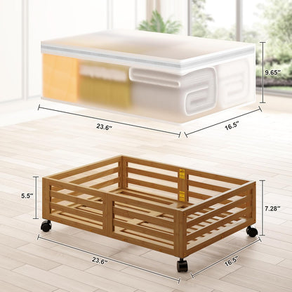 Under Bed Storage Containers With Wheels - 2 Pcs Bamboo Wood Rolling Underbed Shoe Storage Bins With Dust Bags for Clothes Blankets, Duvet Covers Snacks Toys (Natural)