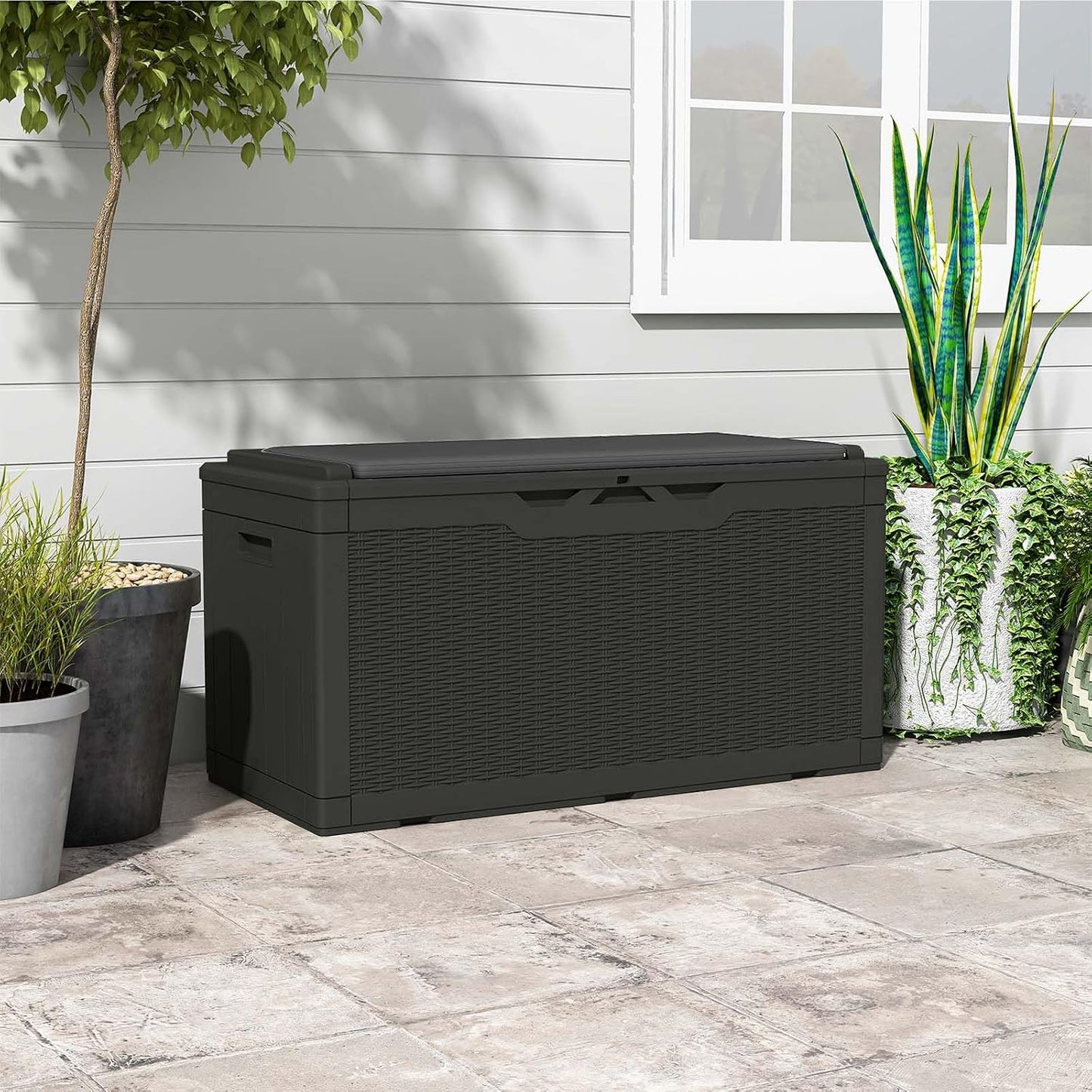 Patiowell 100 Gallon Resin Deck Box, Waterproof Large Outdoor Storage Box for Patio Furniture and Garden Tools, Black
