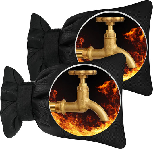 Outdoor Faucet Covers for Winter,7.28" W x 10.35" H Faucet Covers with 420D Waterproof Oxford Fabric, Reflective Strips (Black, 2 Pcs)