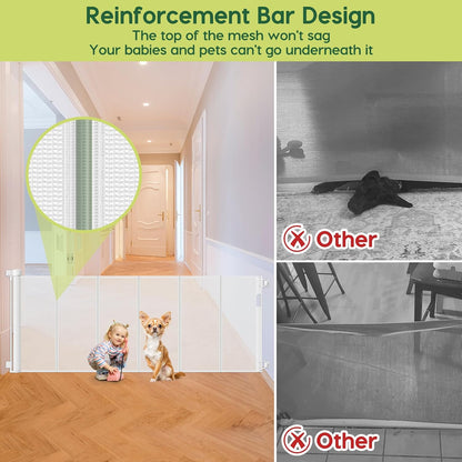 Reinforced 55" Wide Retractable Baby Gates with Reinforced Strips, Indoor/Outdoor Retractable Dog Gate for Doorway Prevent Bottom Drilling Through, No Bottom Bar Safety Mesh Baby Gate for Stair, Black