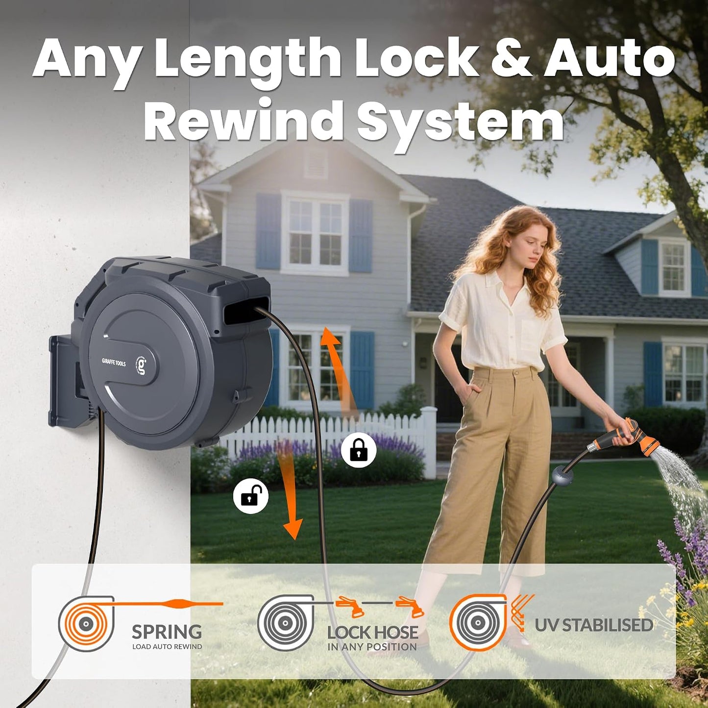 Giraffe Tools Retractable Garden Hose Reel 1/2 Inch x 130 ft, Super Heavy Duty, Any Length Lock, Slow Return System, Wall Mounted and 180 Deg Swivel Bracket