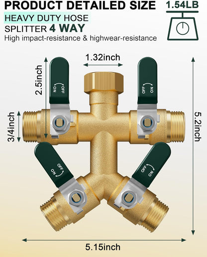 EBH Garden Hose Splitter 2 Way, Heavy Duty Solid Brass Hose Splitter with Shutoff Valves, Water Spigot Splitter With 304 Stainless Steel Handle, Full Flow Outdoor Faucet Splitter, 3/4" GHT Thread