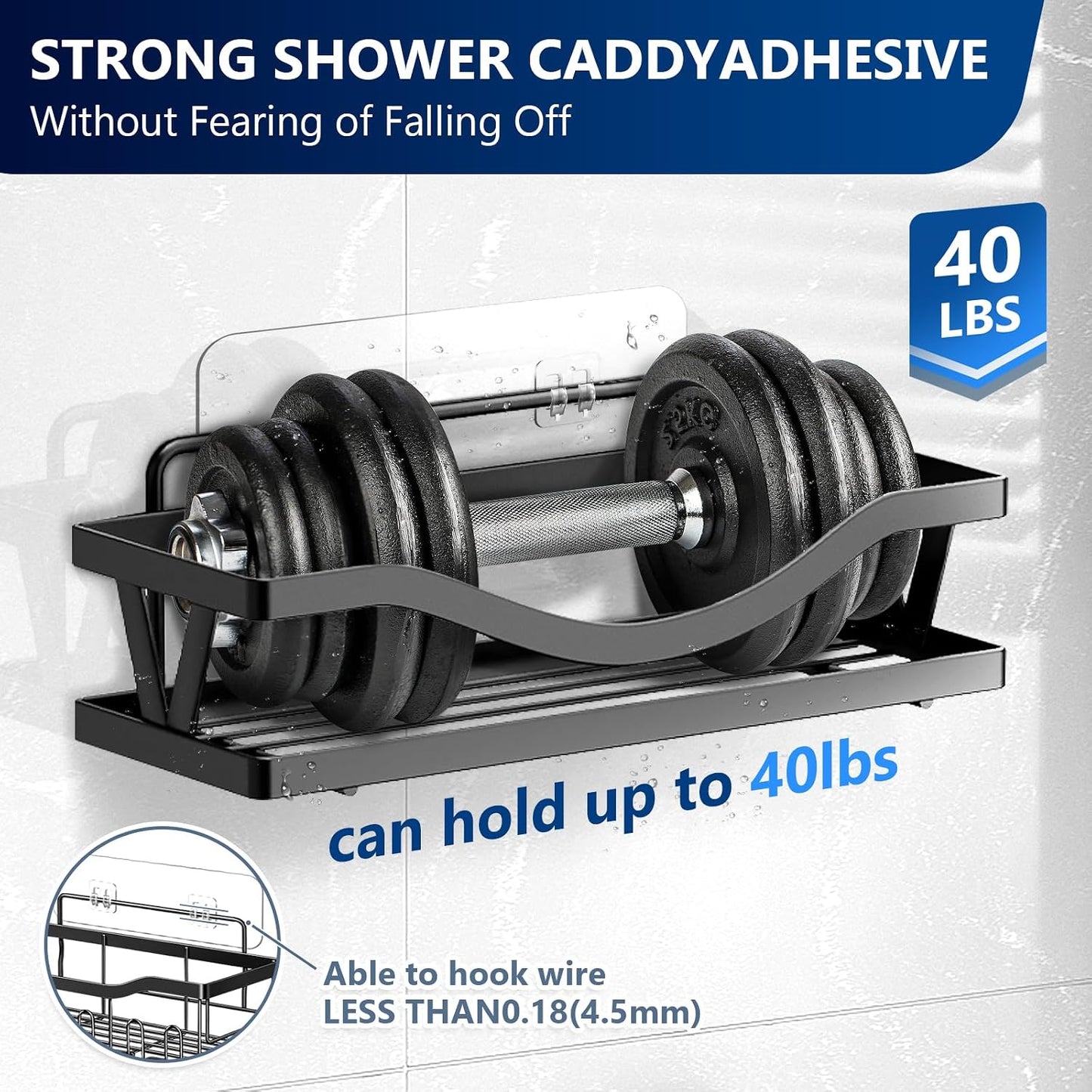 14 Pack Heavy Duty Shower Caddy Adhesive Replacement, 55 LB Hold | Up to 55 LB hold; Waterproof Shower Shelf Adhesive in 3 Hook Styles for Caddies, Shelves, Soap Holders and Racks.