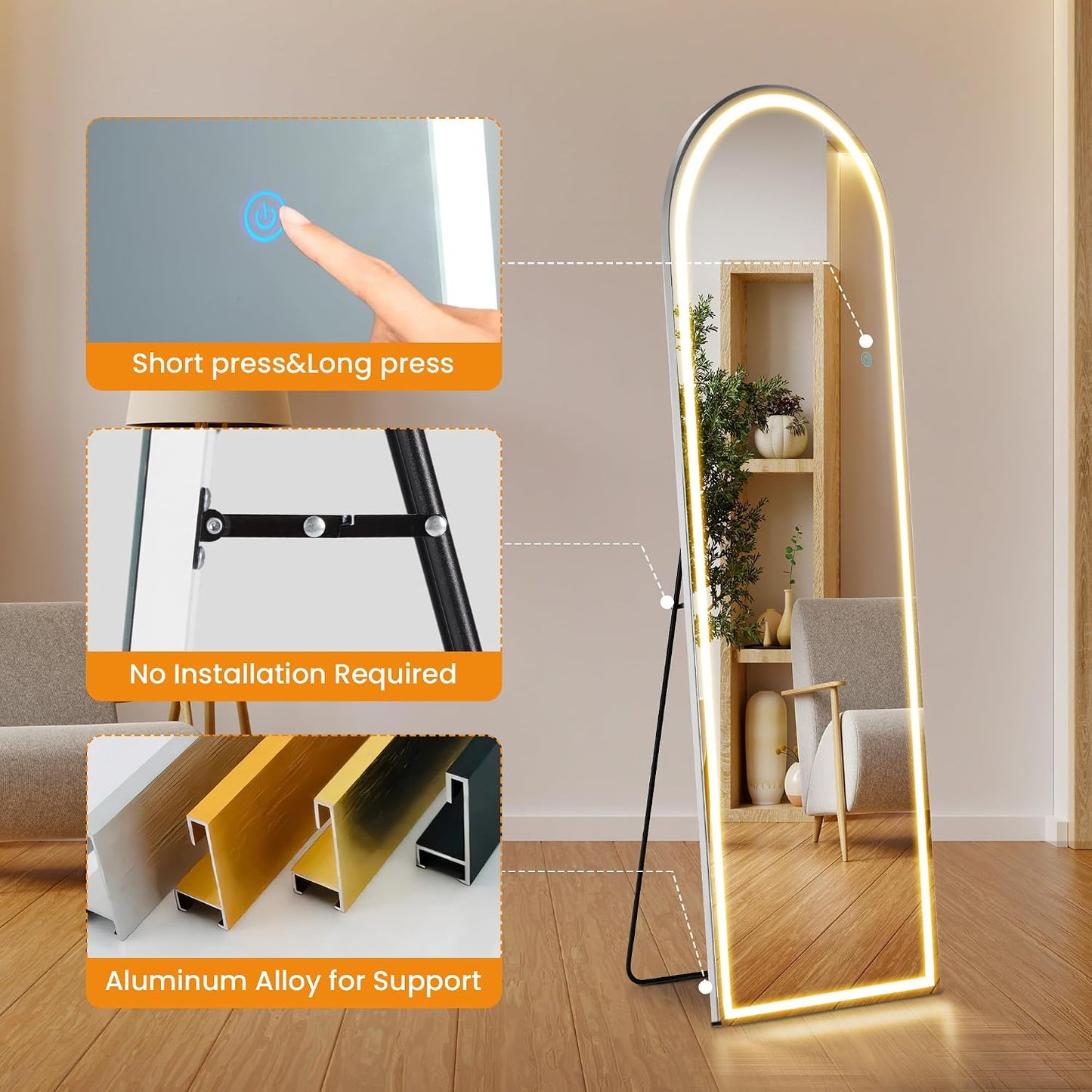 Arched Mirror Full Length, Upgraded 16"x59" Body Wall Mirrors with Shatter-Proof Glass, Floor Standing, Hanging or Leaning, Tall Arch Mirror with Stand Aluminum Alloy Frame for Bedroom, Black