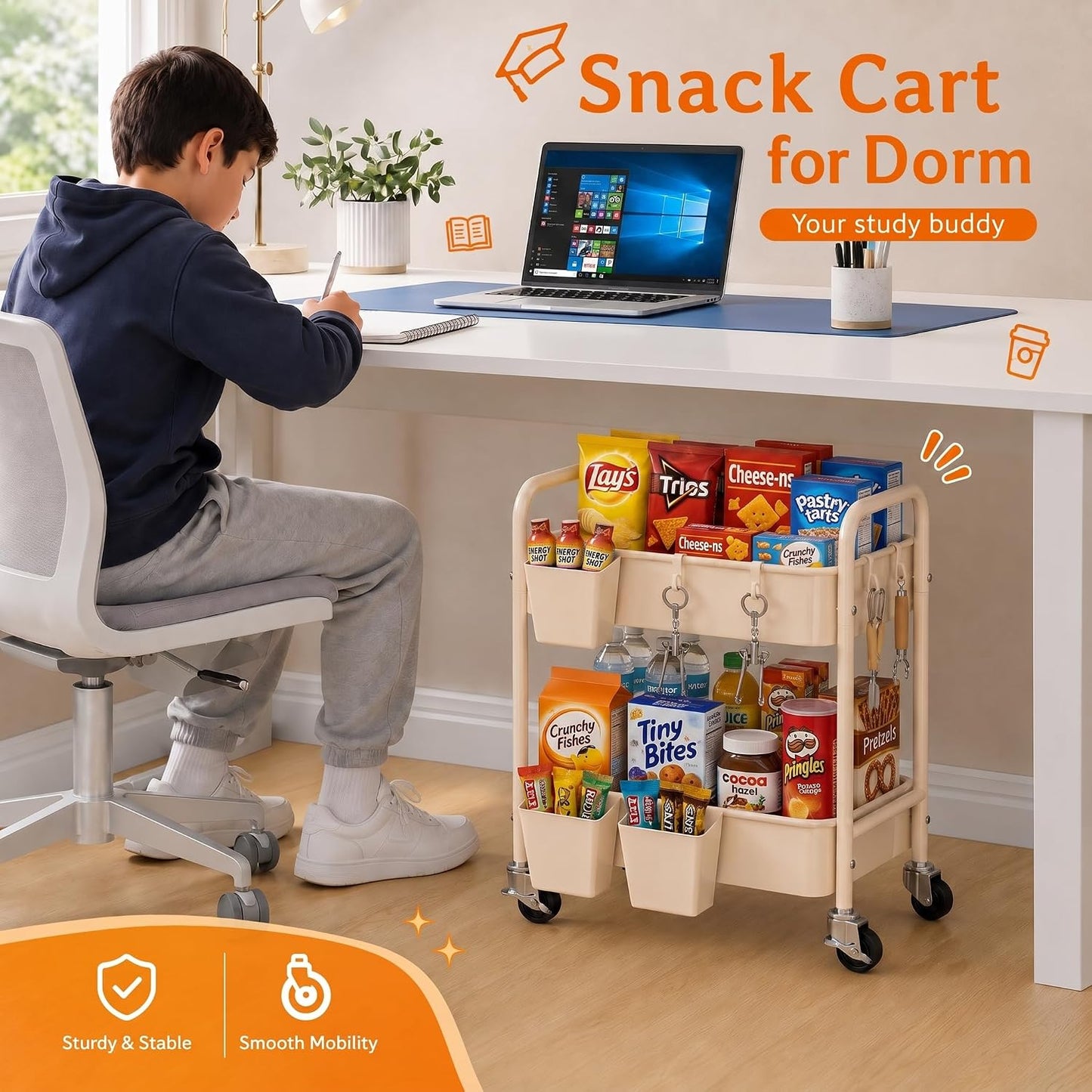 2 Tier Small Rolling Cart Metal with Wheels, White Under Desk Storage Cart on Wheels, Short Utility Roller Caddy Carts Organizer for Art,Craft,Pantry,Bathroom, Two Tiered Shelf Trolley,22 Inches Tall
