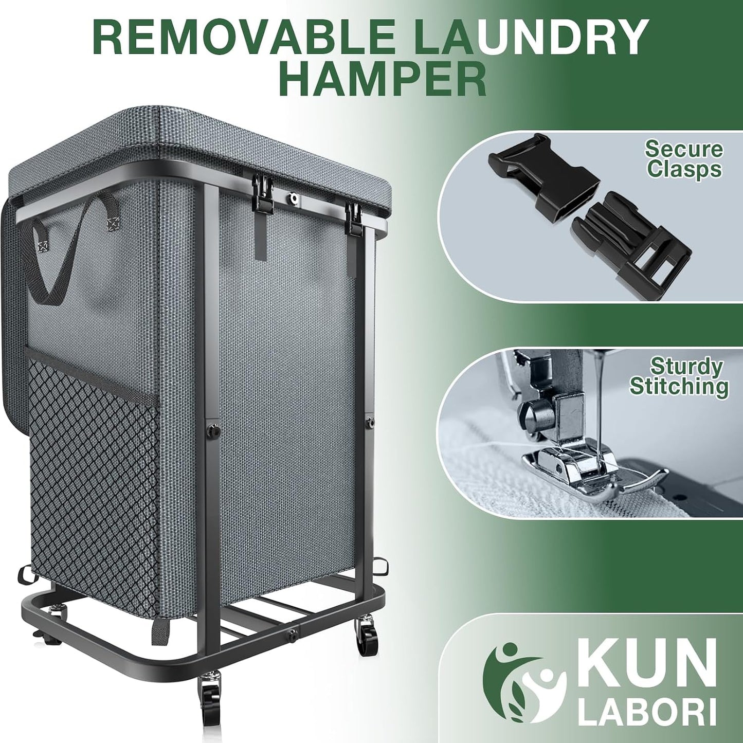 60 Gal(230L) Laundry Basket with Lid, Rolling Laundry Hamper with Wheels, Dirty Clothes Hamper with Metal Frame and Removable Bag Design, Suitable for Laundry Room, Bedroom (Black, 3 Section 230L)