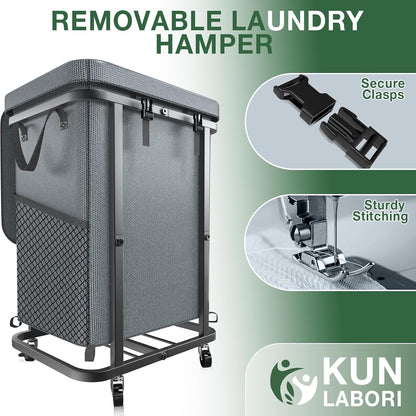 60 Gal(230L) Laundry Basket with Lid, Rolling Laundry Hamper with Wheels, Dirty Clothes Hamper with Metal Frame and Removable Bag Design, Suitable for Laundry Room, Bedroom (Black, 3 Section 230L)
