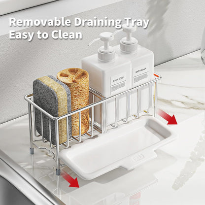 Kitchen Sink Sponge Holder, 304 Stainless Steel Soap Dispenser Caddy Organize, Kitchen Sink Brush Caddy Holder with Removable Drain Tray