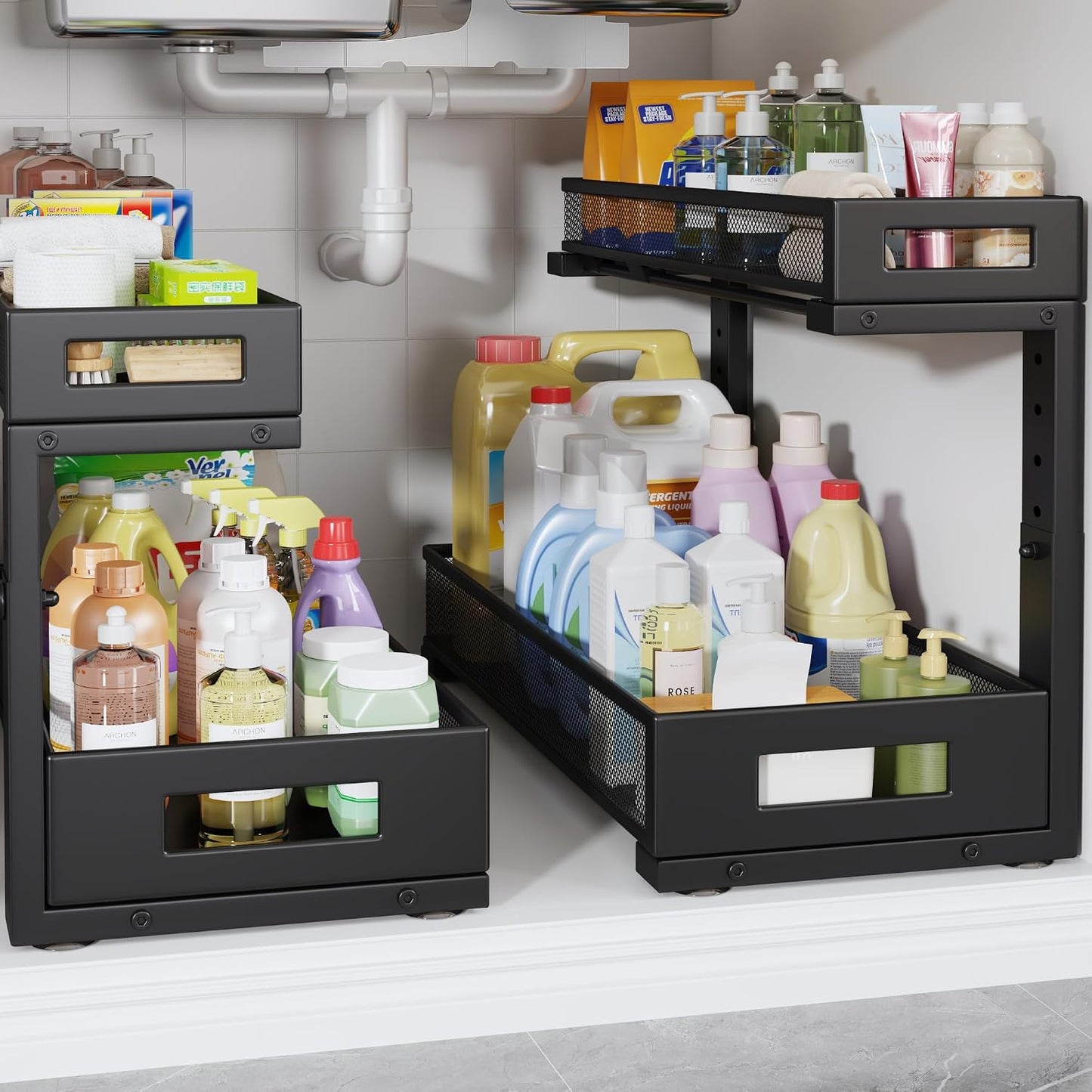 2-Pack Under Sink Storage Organizer, Large 2-Tier Elegant Mesh Pull Out Shelf for Kitchen and Bathroom Cabinet Organization, L-Shaped and Adjustable Height Design,Patent Pending-Black