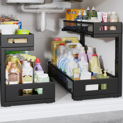 2-Pack Under Sink Storage Organizer, Large 2-Tier Elegant Mesh Pull Out Shelf for Kitchen and Bathroom Cabinet Organization, L-Shaped and Adjustable Height Design,Patent Pending-Black